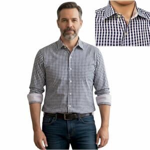 JOHNSTON & MURPHY Dress Shirt Sz M Tailored fit Contrast Flip Cuff Gingham check